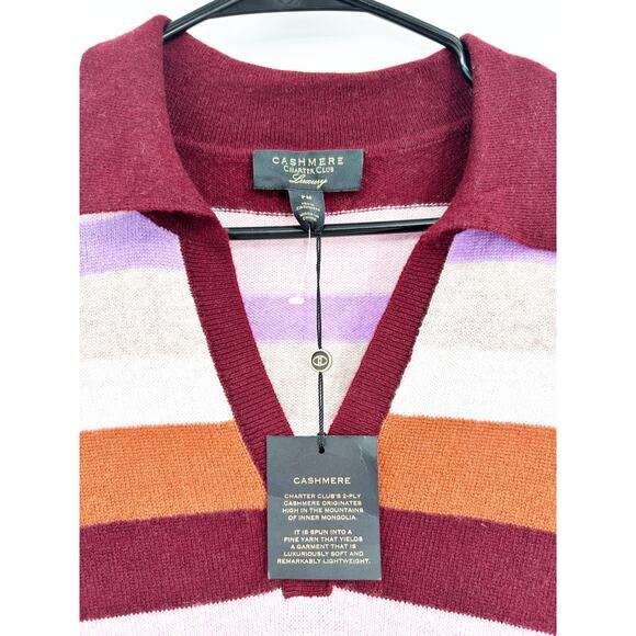 Charter Club 100% Cashmere Maroon MultiStriped Midi Polo Sweater Dress Size PM - Picture 6 of 6